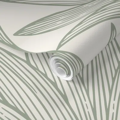 Spoonflower Pre-pasted Wallpaper Art Deco Palm Leaf Scallop -sage & Cream- Glamorous Accent Wall Interior  Remov