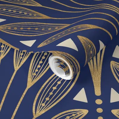 Spoonflower Pre-pasted Wallpaper Art Deco Palm Scallop - Gold And Deep Sapphire Blue With White 2' X 12' Removab