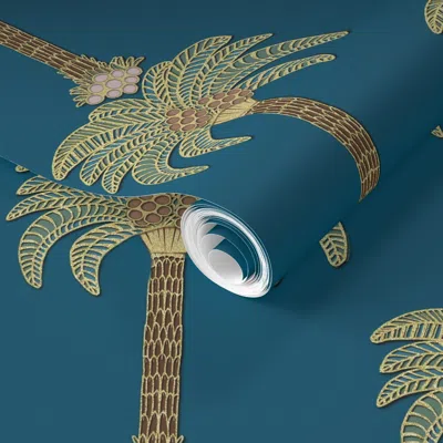 Spoonflower Pre-pasted Wallpaper Art Deco Palm Tree On Dark Teal Blue 2' X 12' Removable