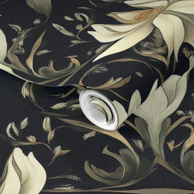 Spoonflower Pre-pasted Wallpaper Art Deco Pattern Of Star Magnolias In Ivory On Black With Gold Trim 2' X 12' Re