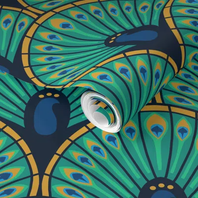 Spoonflower Pre-pasted Wallpaper Art Deco Peacock 2' X 12' Removable