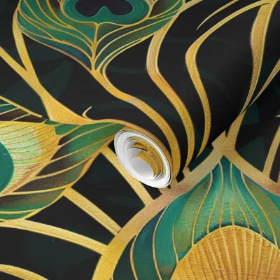 Spoonflower Pre-pasted Wallpaper Art Deco Peacock 2' X 12' Removable