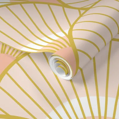 Spoonflower Pre-pasted Wallpaper Art Deco Peacock Feather Fan Scallop Antique Gold Blush Xl 12in Scale By 2' X 1