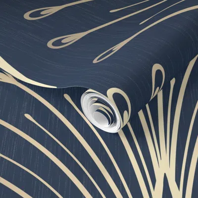 Spoonflower Pre-pasted Wallpaper Art Deco Peacock Feather Scallop Metallic Champagne Gold On Midnight Navy 2' X 