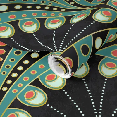 Spoonflower Pre-pasted Wallpaper Art Deco Peacock Feathers 2' X 12' Removable