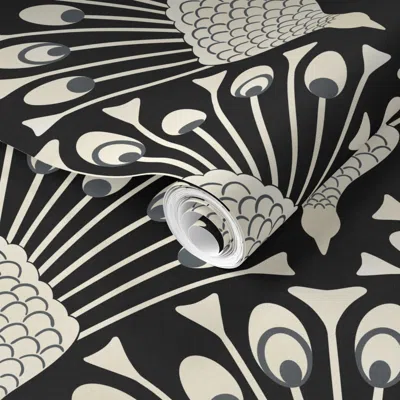 Spoonflower Pre-pasted Wallpaper Art Deco Peacock  Grey And Black Large 2' X 12' Removable