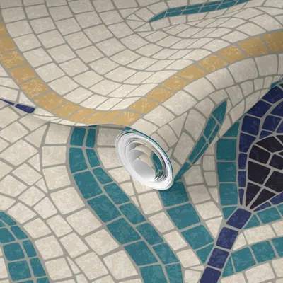 Spoonflower Pre-pasted Wallpaper Art Deco Peacock Mosaic - Elegant Geometric Tiles - Ivory Cream Large 2' X 12' 