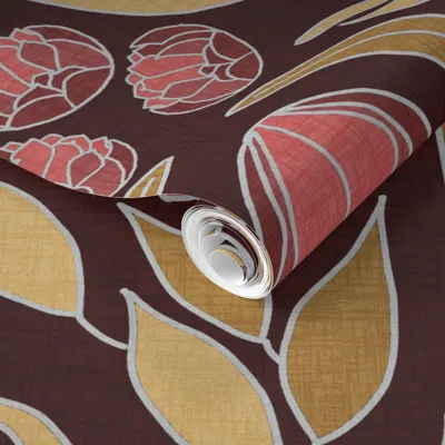 Spoonflower Pre-pasted Wallpaper Art Deco Peonies In Gold Yellow Pinks Maroon 24" 2' X 12' Removable