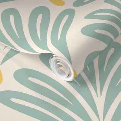 Spoonflower Pre-pasted Wallpaper Art Deco Pineapple Tops Fans Cream Green 2' X 12' Removable