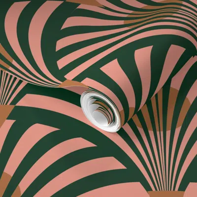 Spoonflower Pre-pasted Wallpaper Art Deco Pink And Green Fans 2' X 12' Removable In Multi