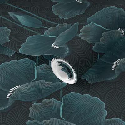 Spoonflower Pre-pasted Wallpaper Art Deco Poppies Teal 2' X 12' Removable In Blue