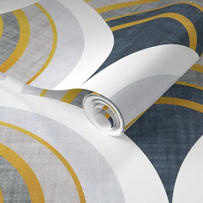 Spoonflower Pre-pasted Wallpaper Art Deco Scallop Elegance / Large Jumbo Scale / Grey Geometric Golden Lines 2'  In Blue
