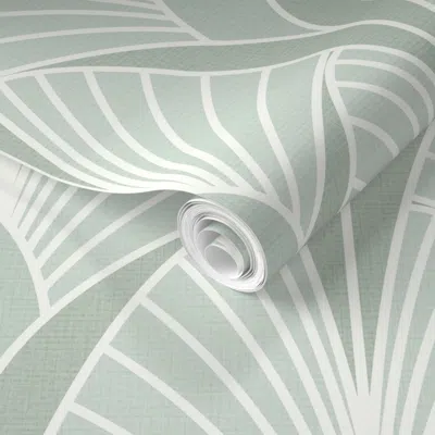 Spoonflower Pre-pasted Wallpaper Art Deco Scallop Fans Light Sage Green Large Scale 2' X 12' Removable