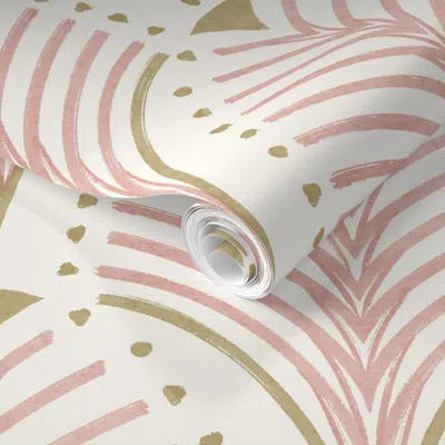 Spoonflower Pre-pasted Wallpaper Art Deco Scallop Palm In Pink And Gold On Cream  Removable