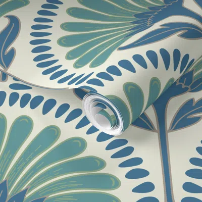 Spoonflower Pre-pasted Wallpaper Art Deco Scallop With Simple Daisy Floral In Chintz Blue Teal & Green-large 2' 