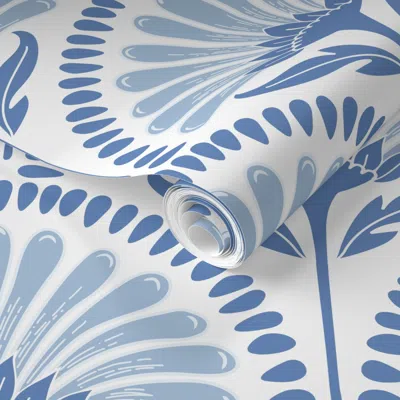 Spoonflower Pre-pasted Wallpaper Art Deco Scallop With Simple Daisy Floral In Galactic Cobalt Blue & White 2' X 