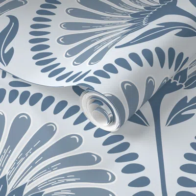 Spoonflower Pre-pasted Wallpaper Art Deco Scallop With Simple Daisy Floral In Hampton Blue & White-large 2' X 12