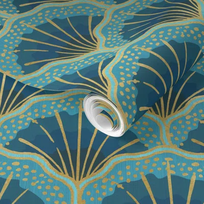 Spoonflower Pre-pasted Wallpaper Art Deco Sea Shell - Blue And Gold - Medium Scale 2' X 12' Removable