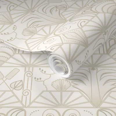 Spoonflower Pre-pasted Wallpaper Art Deco Sunburst Fountain And Nature Pattern - Small - Linen Beige 2' X 12' Re