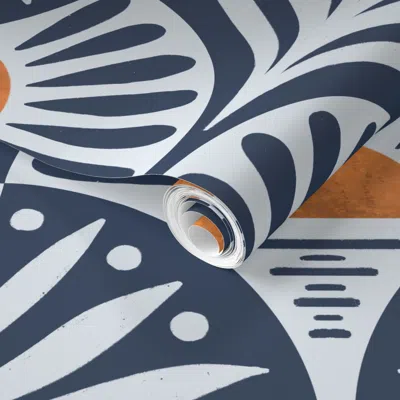 Spoonflower Pre-pasted Wallpaper Art Deco Sunset And Leaves Custom Blues 2 2' X 12' Removable
