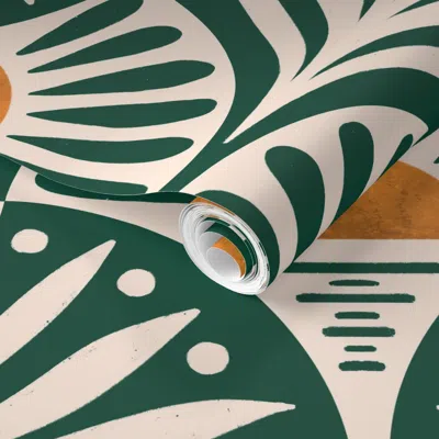 Spoonflower Pre-pasted Wallpaper Art Deco Sunset And Leaves In Forest Green 2' X 12' Removable