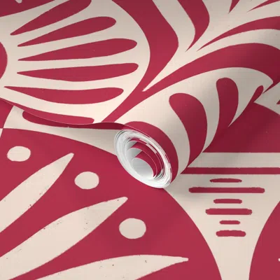 Spoonflower Pre-pasted Wallpaper Art Deco Sunset And Leaves In Viva Magenta 2' X 12' Removable