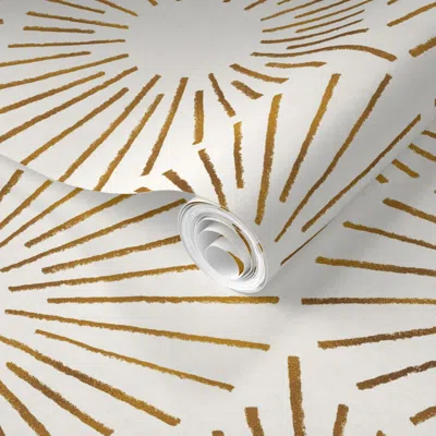 Spoonflower Pre-pasted Wallpaper Art Deco Sunshine - Gold On Ivory (large Scale) 2' X 12' Removable