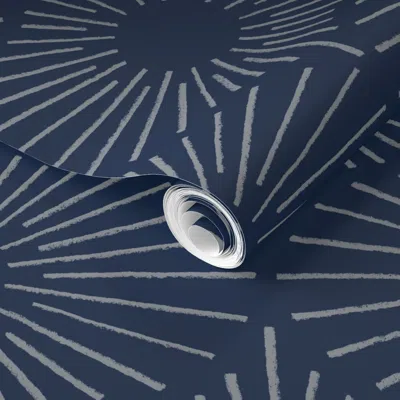 Spoonflower Pre-pasted Wallpaper Art Deco Sunshine - Grey On Navy (large Scale) 2' X 12' Removable