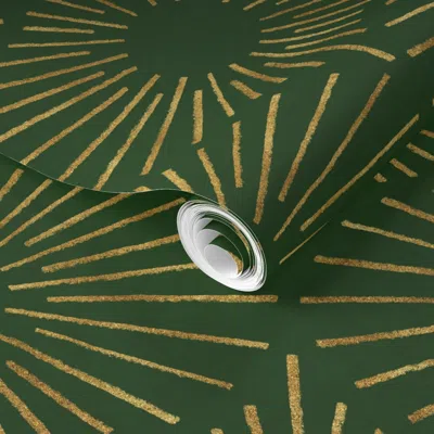 Spoonflower Pre-pasted Wallpaper Art Deco Sunshine - New Gold On Emerald (large Scale) 2' X 12' Removable
