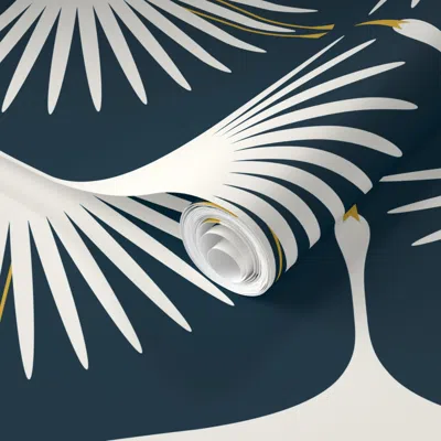 Spoonflower Pre-pasted Wallpaper Art Deco Swan - Midnight 7" Fabric 12" 2' X 12' Removable