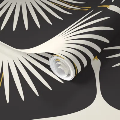 Spoonflower Pre-pasted Wallpaper Art Deco Swans - 12" - Cream On Black 2' X 12' Removable In Multi