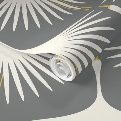 Spoonflower Pre-pasted Wallpaper Art Deco Swans - 12" - Cream On Smoke 2' X 12' Removable In Gray
