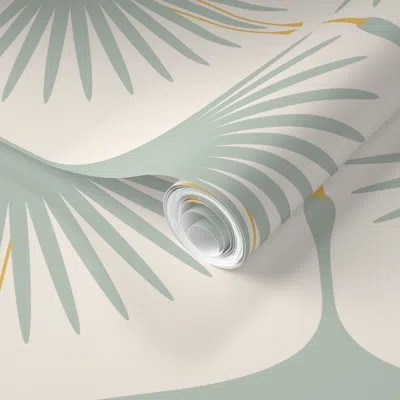 Spoonflower Pre-pasted Wallpaper Art Deco Swans - 12" - Duck Egg On Soft Cream - 12" 2' X 12' Removable In Green