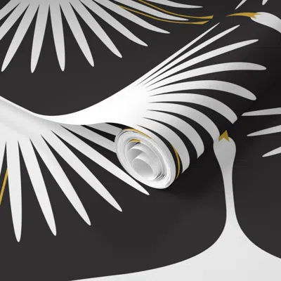 Spoonflower Pre-pasted Wallpaper Art Deco Swans - 12" Fabric And  - Black And White 2' X 12' Removable In Multi