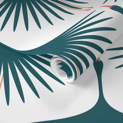 Spoonflower Pre-pasted Wallpaper Art Deco Swans - 12" - Teal White Coral 2' X 12' Removable In Gray