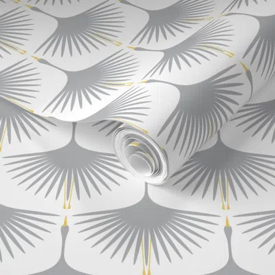 Spoonflower Pre-pasted Wallpaper Art Deco Swans - 4" - Cloud On White 2' X 12' Removable