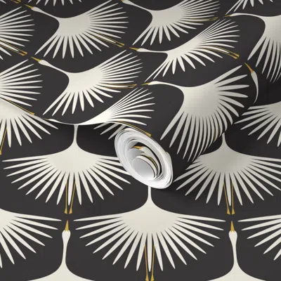 Spoonflower Pre-pasted Wallpaper Art Deco Swans 4" Wingspan 2' X 12' Removable In Multi