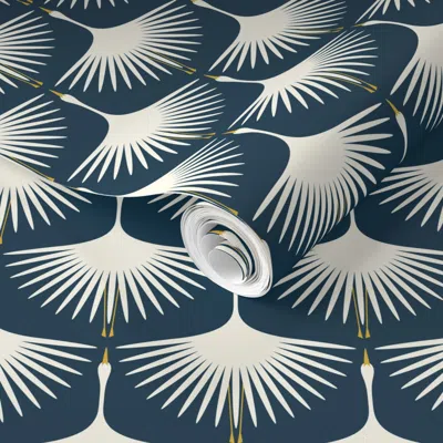 Spoonflower Pre-pasted Wallpaper Art Deco Swans 4.25" - Navy  Removable