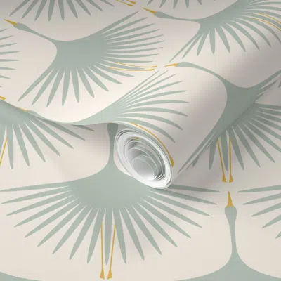 Spoonflower Pre-pasted Wallpaper Art Deco Swans - 6" - Duck Egg On Soft Cream - 6" 2' X 12' Removable
