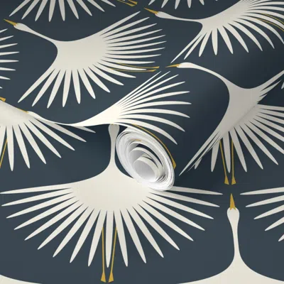 Spoonflower Pre-pasted Wallpaper Art Deco Swans (6") - Gray Navy 2' X 12' Removable
