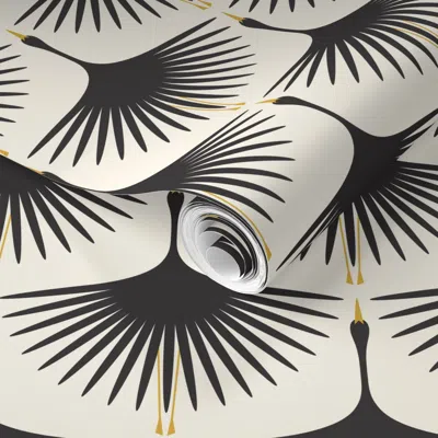 Spoonflower Pre-pasted Wallpaper Art Deco Swans - Black On Cream - 4.25" Fabric 6" 2' X 12' Removable In Multi