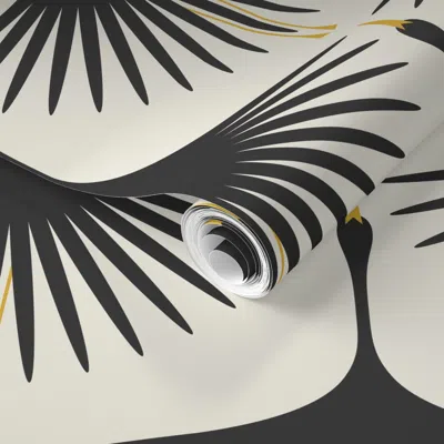 Spoonflower Pre-pasted Wallpaper Art Deco Swans - Black On Whisper 12" 2' X 12' Removable