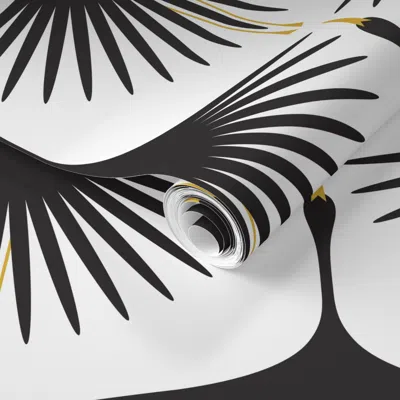 Spoonflower Pre-pasted Wallpaper Art Deco Swans - Black On White - 12"  Wingspan 2' X 12' Removable In Multi