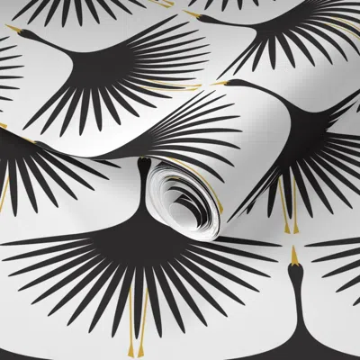 Spoonflower Pre-pasted Wallpaper Art Deco Swans - Black On White - 6" Fabric And 2' X 12' Removable In Multi