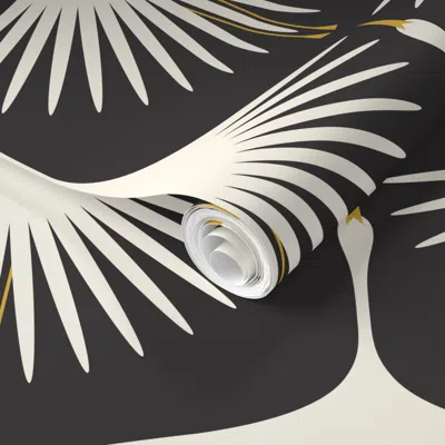 Spoonflower Pre-pasted Wallpaper Art Deco Swans - Cream On Black 2' X 12' Removable In Multi