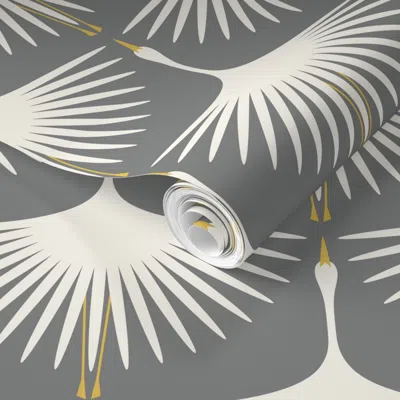 Spoonflower Pre-pasted Wallpaper Art Deco Swans - Cream On Smoke - 4" Fabric 8" Wingspan 2' X 12' Removable
