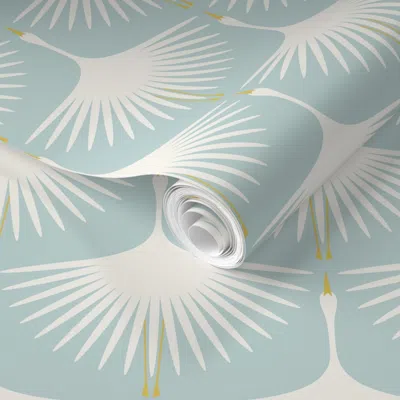 Spoonflower Pre-pasted Wallpaper Art Deco Swans - Duck Egg And Off White 2' X 12' Removable