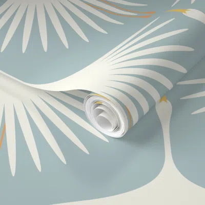 Spoonflower Pre-pasted Wallpaper Art Deco Swans - Gossamer Blue 2' X 12' Removable