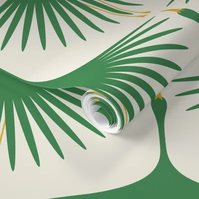 Spoonflower Pre-pasted Wallpaper Art Deco Swans - Green (once Upon A Time) 12" 2' X 12' Removable In Multi