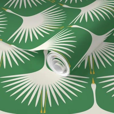 Spoonflower Pre-pasted Wallpaper Art Deco Swans - Green (once Upon A Time) 6" 2' X 12' Removable